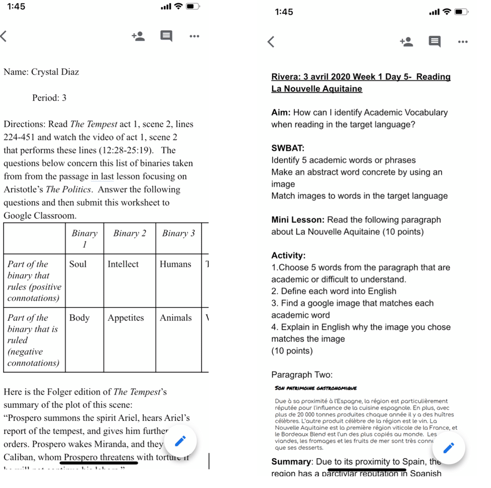 Two images of homework assignments for online classes