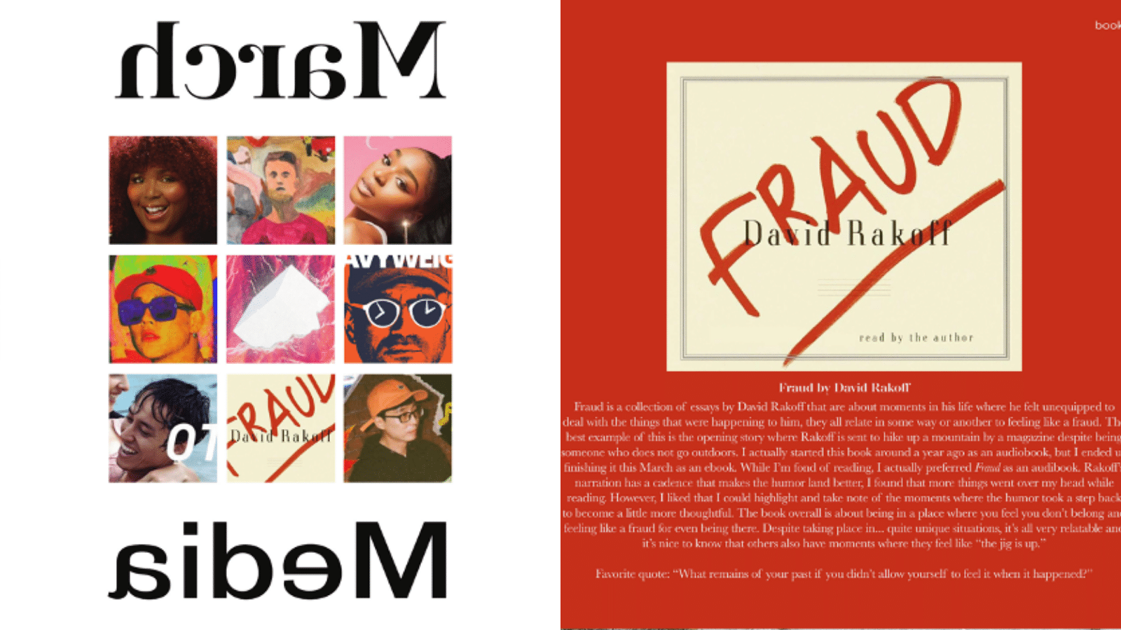 The front and back covers of Ita's journal are shown. The name of the journal is March Media. The back cover has the name David Rakett with the red letters over his name saying "Fraud." Then there's a very faded - impossible to read - blurb underneath. 