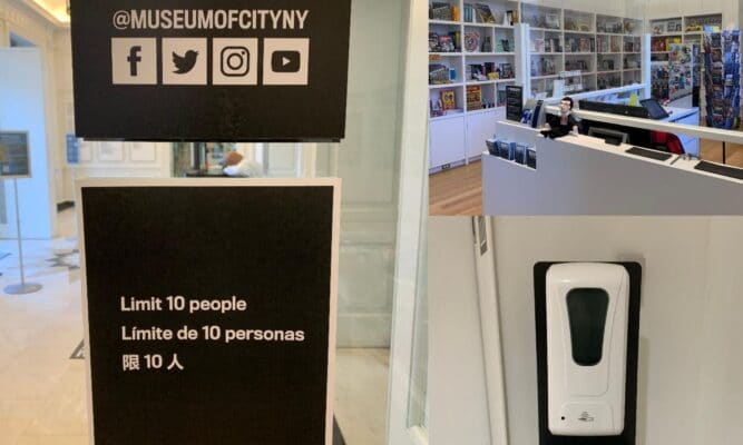 a collage of 3 photos: 1 stating that there's a limit of 10 people allowed, one showing plexiglass around the checkout counter in the gift shop and one showing a hand sanitizing station.