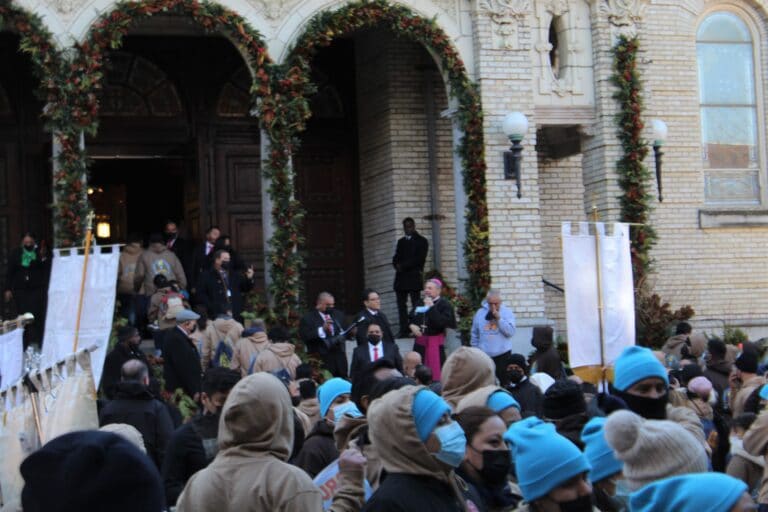 Newly ordained Bishop Robert J. Brennan, addresses the community outside the church.