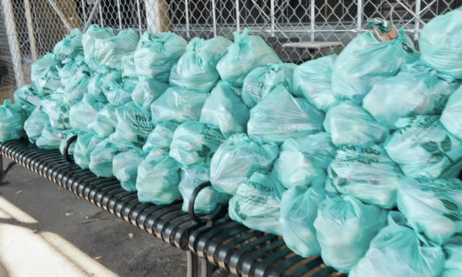 Bags of groceries ready to be delivered to residents of the Atlantic Terminal Houses