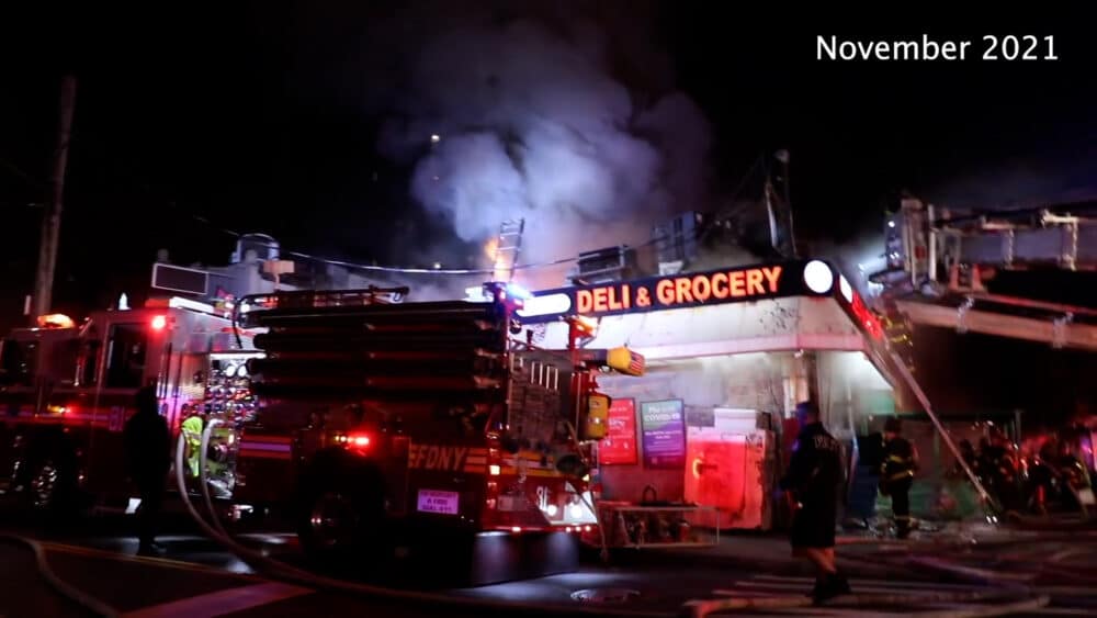 Deli and other stores in Riverdale, Bronx engulfed in smoke and fire.