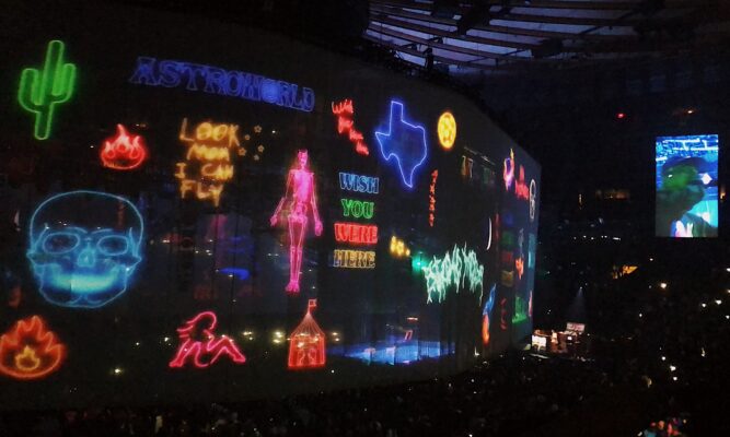 Show the Astroworld concert stage and part of crowd.