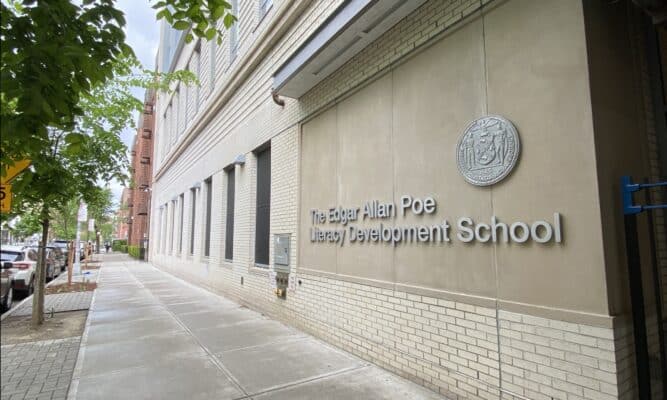 Photo of Edgar Allan Poe P.S.046 that has a new adjuct building to help with an overpopulation of students.